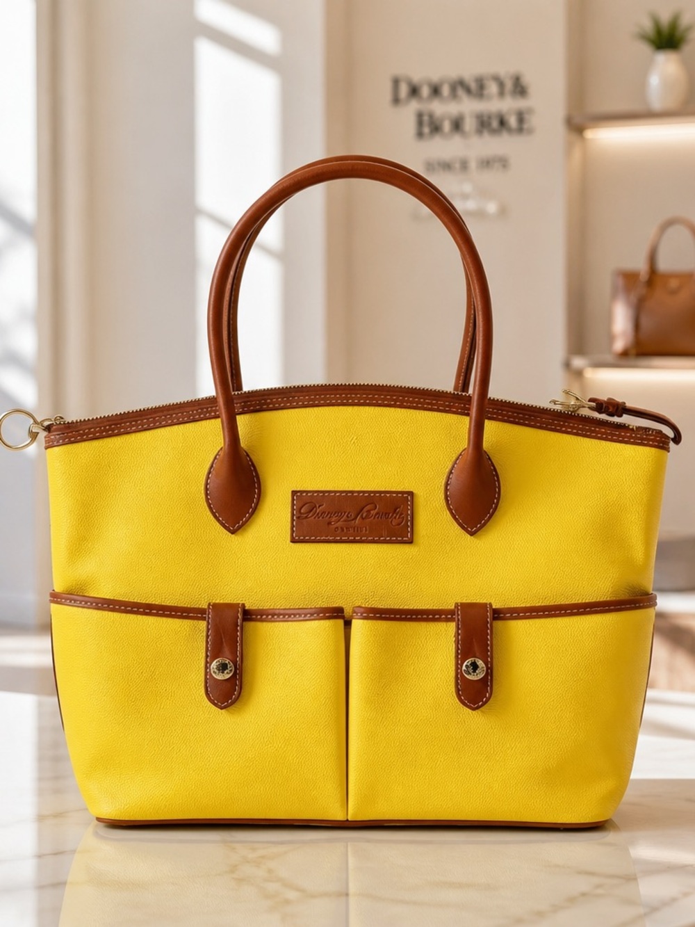 Dooney & Bourke Bright Yellow Canvas Tote with Brown Leather Trim